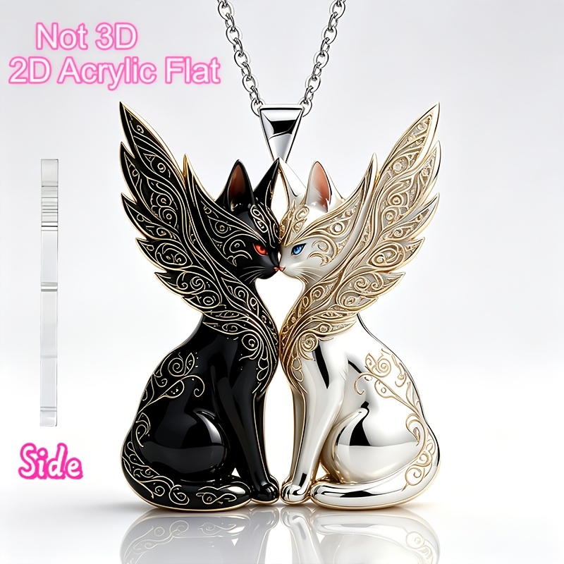 2D Flat Fashionable Cute Black and White Winged Cat Necklace Pendant